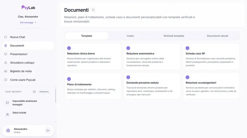 Area documenti di PsyLab con template clinici